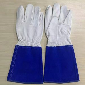 Blue Cowhide Long Cuff Emboson Gloves White Sheepskin Palm Cotton Liner Full Thumb