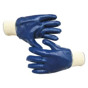 Guantes de trabajo de punto grueso recubiertos de nitrilo azul con puño elástico de seguridad y resistencia química.