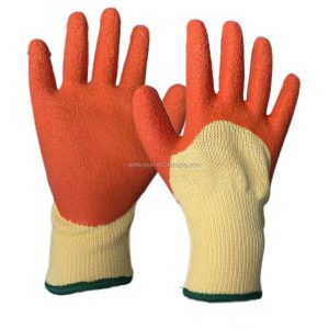 Guantes de seguridad de látex arrugado con revestimiento parcial y puño de punto resistente a la abrasión.