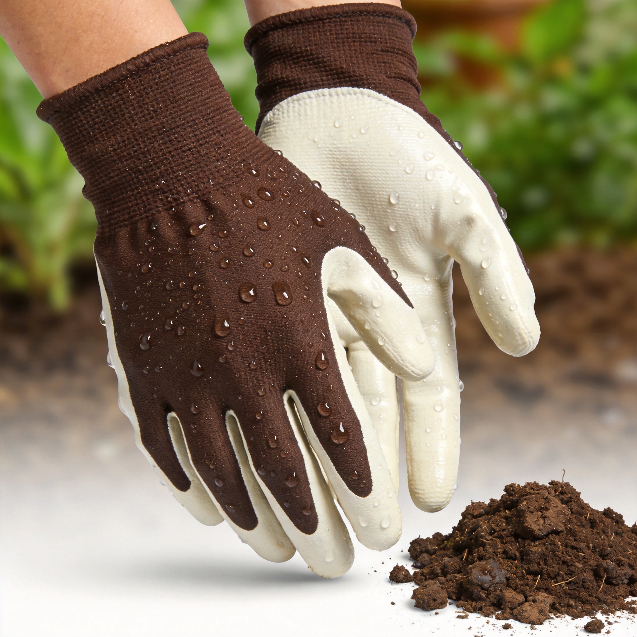 Water beading on the surface of a soil-proof garden glove demonstrating waterproof coating