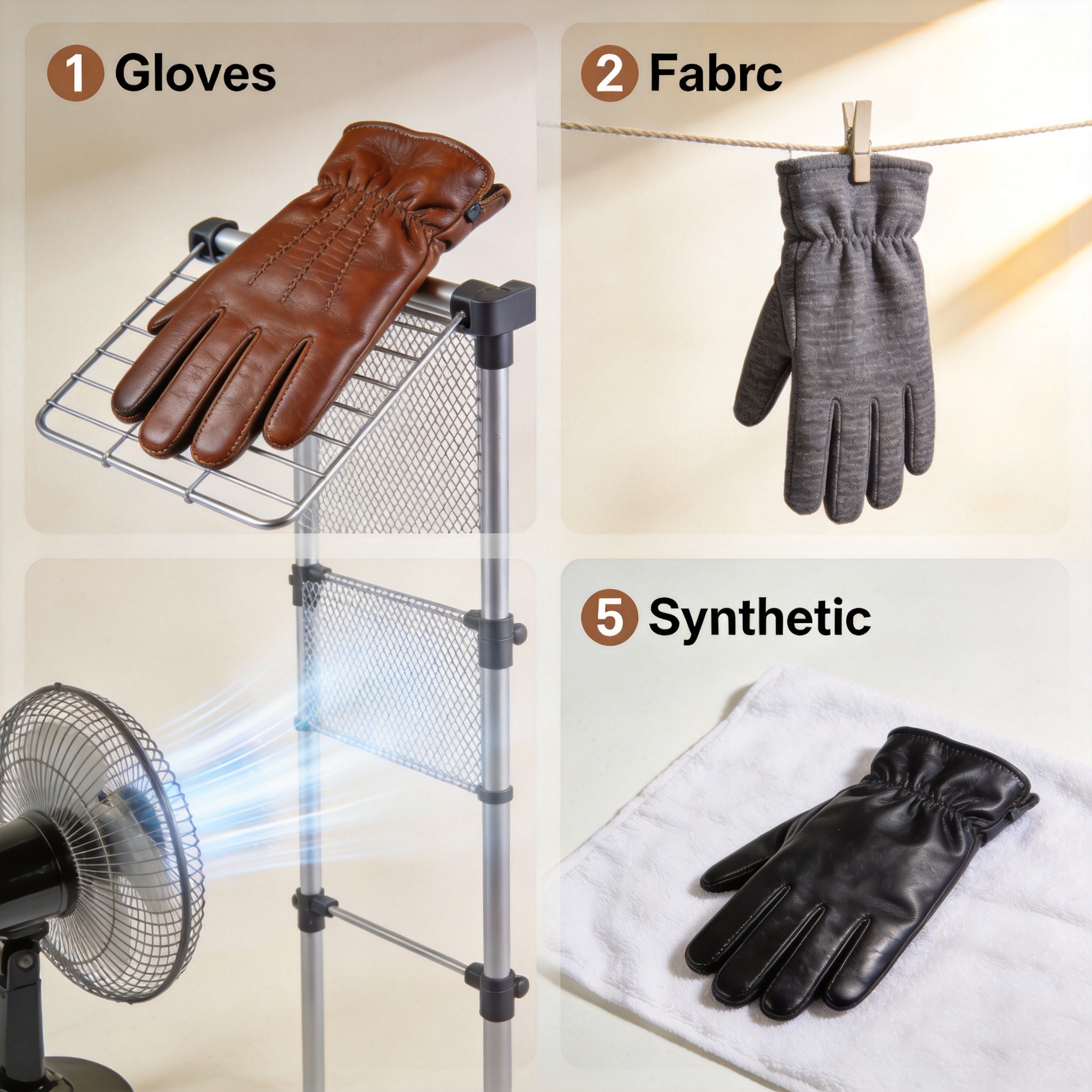 Wet leather gloves on a drying rack