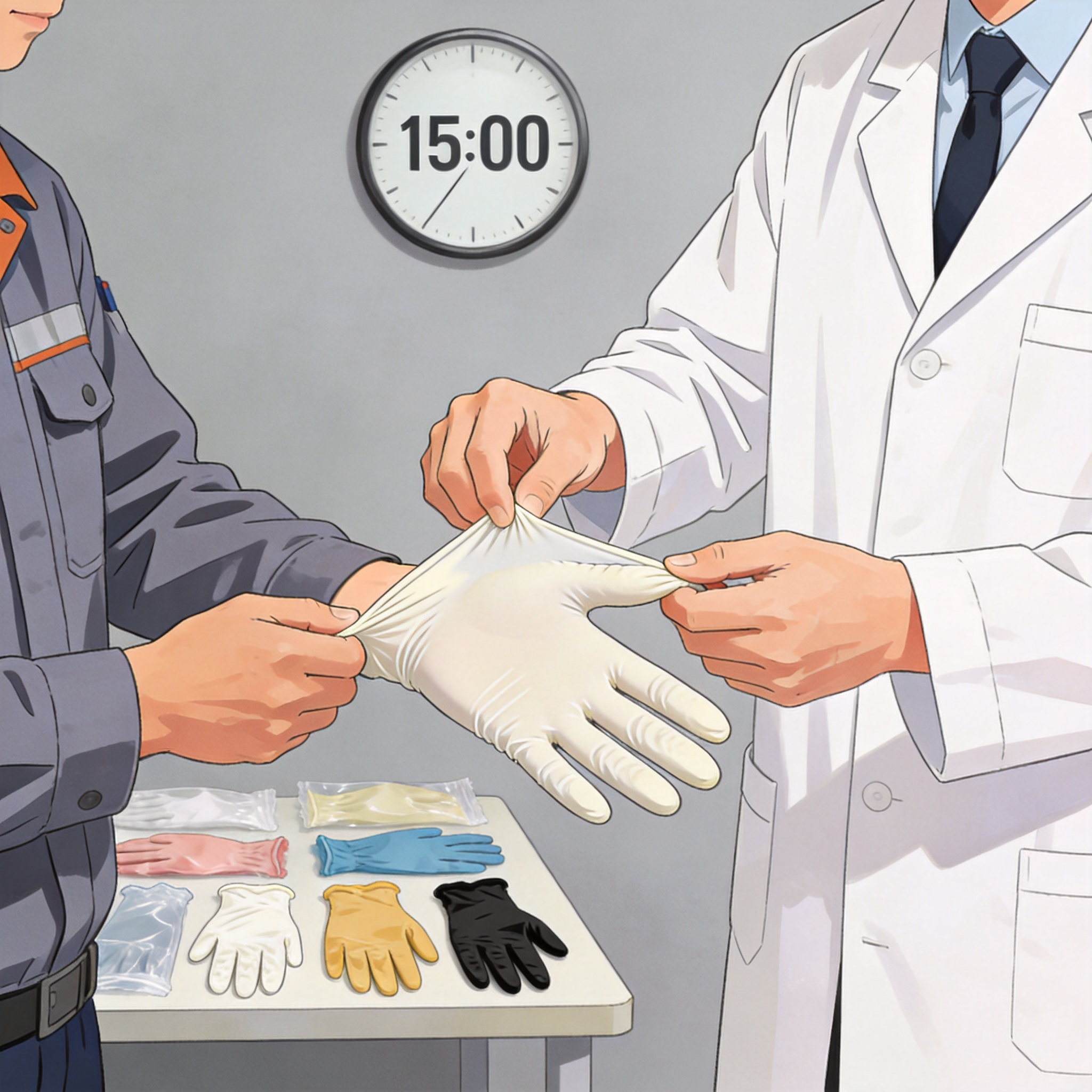 Der Trainer demonstriert dem Arbeiter während einer 15-minütigen Sitzung die richtige Handschuhpassform.