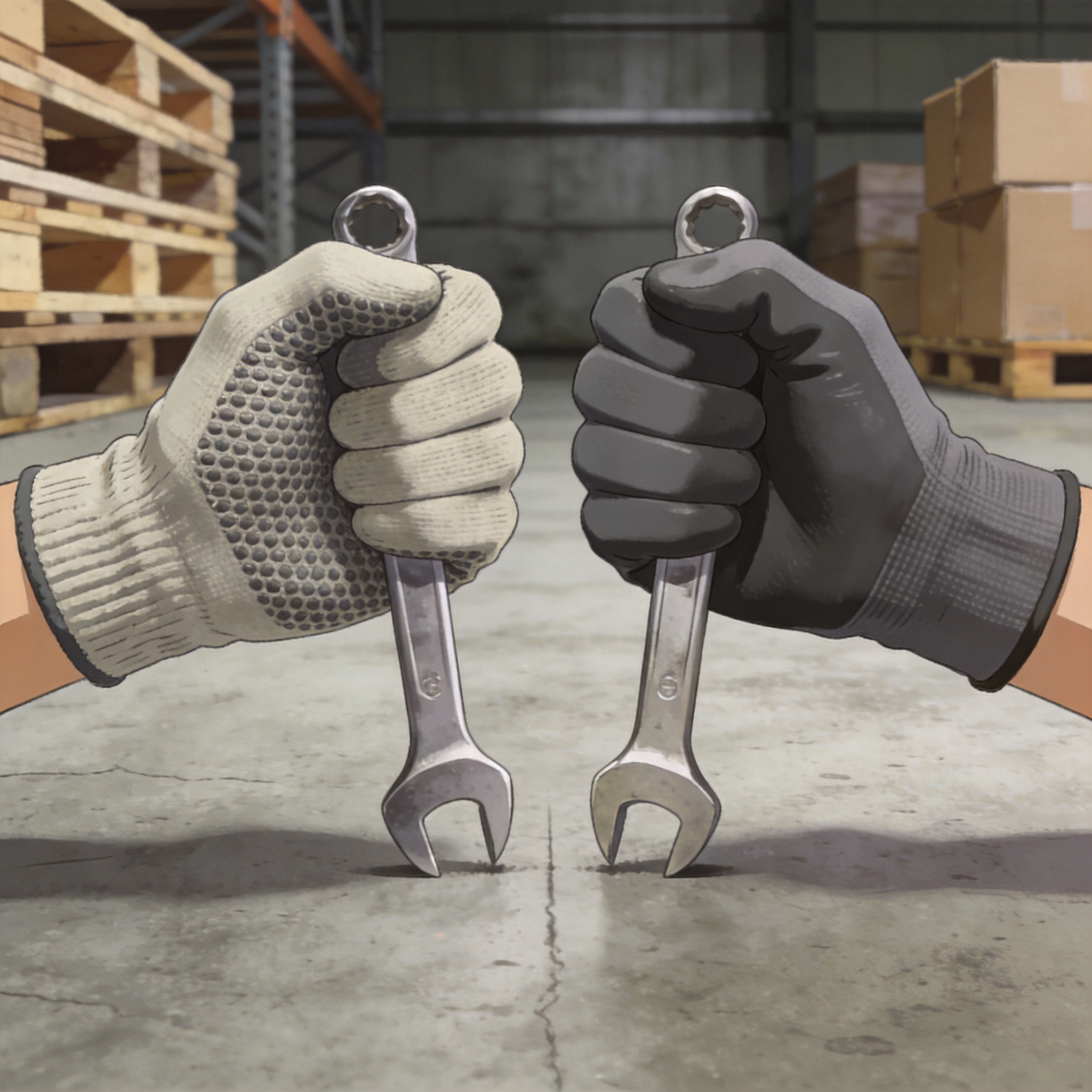 Worker testing grip strength with dipping gloves on an oily metal surface
